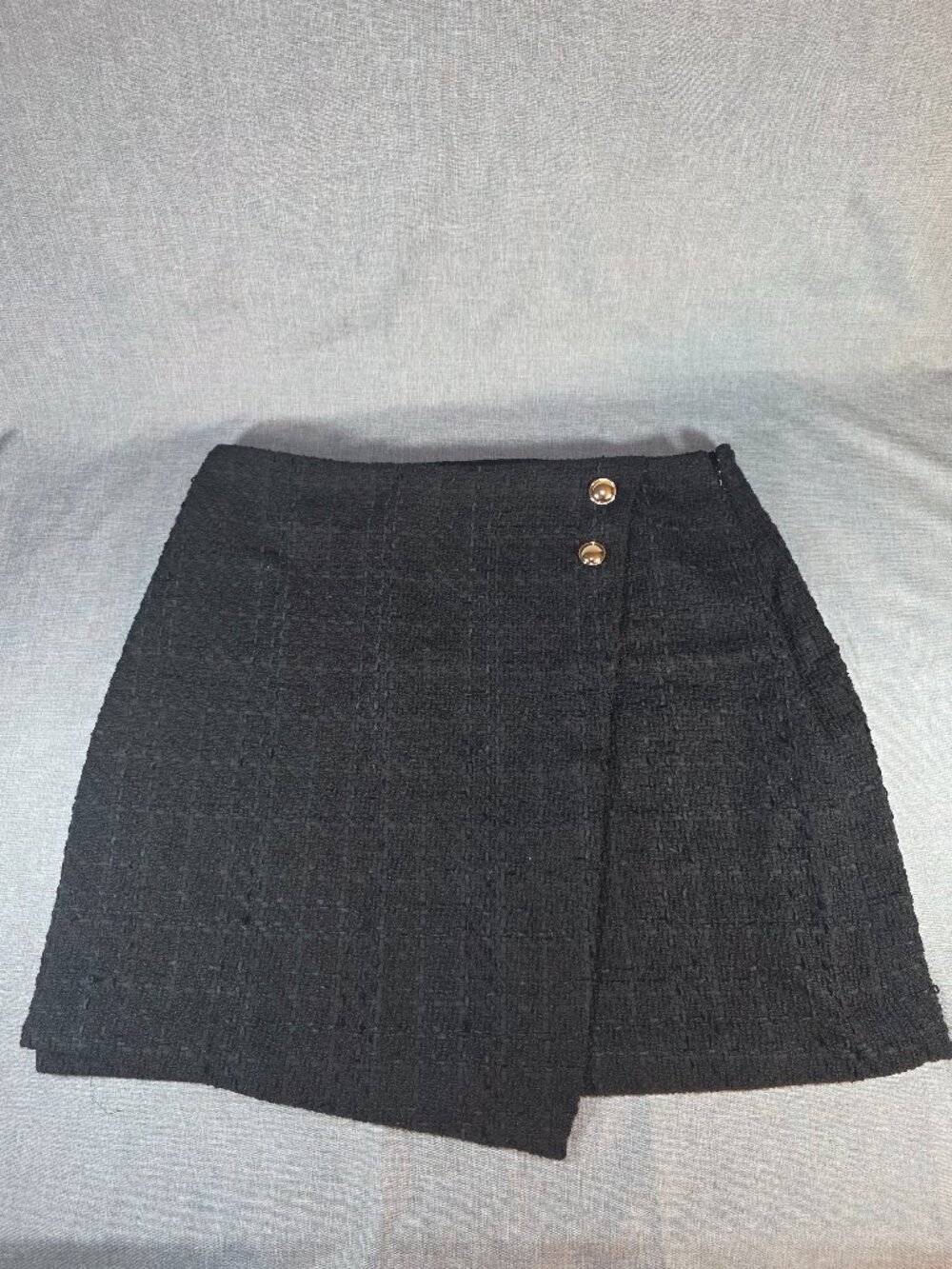 Nine West Black Textured Wrap Front Skirt Gold Button Detail A-Line